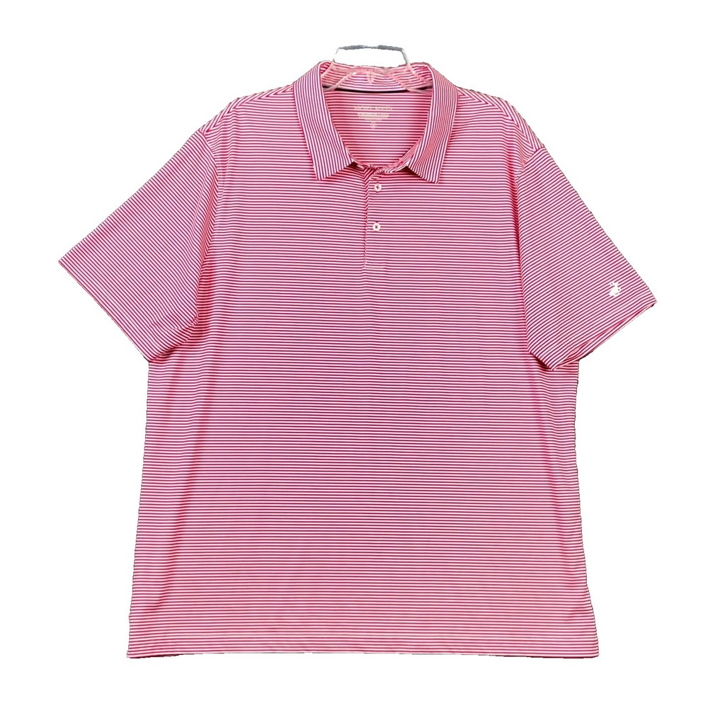 Michel Rouen Performance Polo Shirt Mens 2XL Pink White Striped Short Sleeve